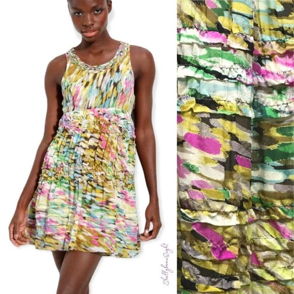 ANTHROPOLOGIE Leifsdottir Rainbow Confetti Silk Ruffle Dress 2 4 XS S RARE HTF! - Picture 1 of 16